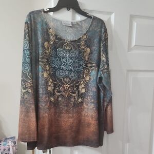 Avenue Teal and Brown Ornate Studded Long-Sleeve Top